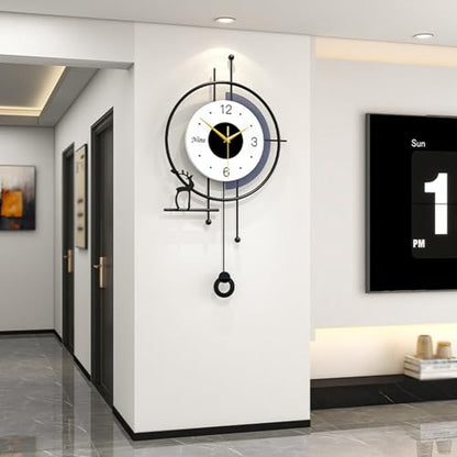 Modern Nordic Style Wall Clock Minimalist Creative Decorative Wall Clocks Silent Battery Powered Pendulum Clock Metal Frame + Wooden Dial Quartz Clock for Living Room Kitchen Bedroom Office, 13*25 in
