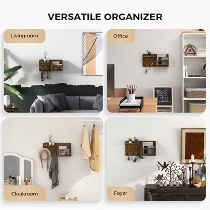 LubanNese Key Holder Wall Mount Pine Wood 16 X 8 Mail Organizer Key Rack for Wall with Hooks and Shelf, Rustic Wooden Key Hanger for Entryway Rustic, Brown - style: Rustic Brown