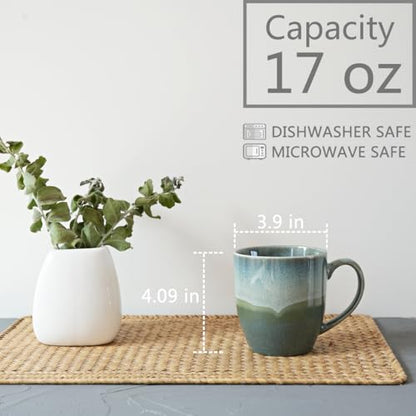 Bosmarlin Ceramic Coffee Mug Set of 4, 17 Oz, Coffee Cups, Microwave Safe, Unique Reactive Glaze (Green) - color: Green
