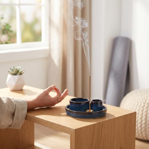 4 in 1 Ceramic Incense Holder, Multi-Function Incense Stick Palo Santo Sage Burner, Ash Catcher Tray for Meditation Yoga Room, Blue, 4.25 Inch