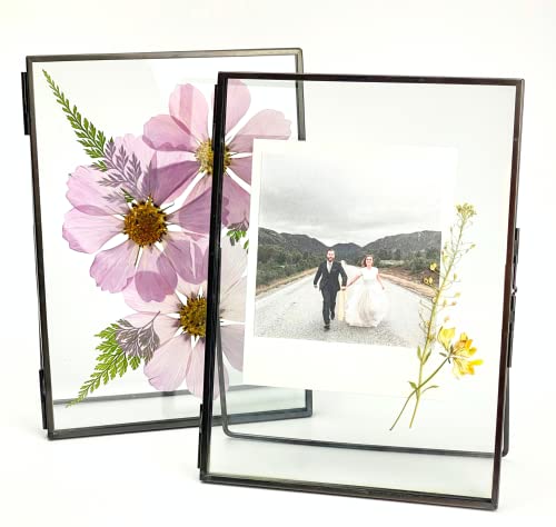 Beedecor Double Glass Frame for Pressed Flowers, Polaroid photos and Artwork,Black 5x7 Standing Metal Picture Frames, Home Decor Photo Display, Set of 2 Pressed Flower Frames with Stand - color: Gunmetal black, size: 5x7