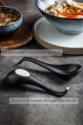 LYEOBOH Soup Spoons, Ceramic Ramen Spoon Set of 6-6.5inch Japanese Spoons | Chinese Spoons with Deep Hook Non-slip, Stackable Korean Spoons Deep for Pho Pasta Cereal, Dishwasher & Microwave Safe, Black - color: Black