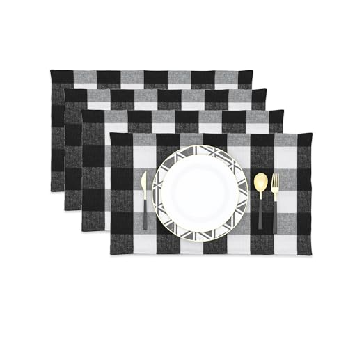 Black & White 2 Side Cotton Buffalo Check Placemats Set of 4 Heat Resistant Dining Table Place Mats for Kitchen Table, 12 x 18 inches - color: Plaids Black & White, size: Rectangular Placemats 12" x 18"