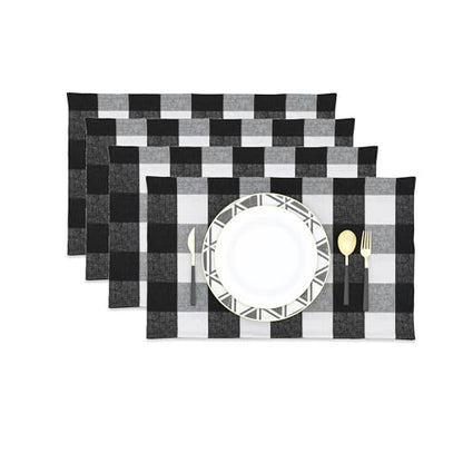 Black & White 2 Side Cotton Buffalo Check Placemats Set of 4 Heat Resistant Dining Table Place Mats for Kitchen Table, 12 x 18 inches - color: Plaids Black & White, size: Rectangular Placemats 12" x 18"