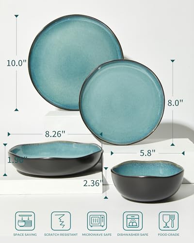 Ceramic Dinnerware Sets for 4, 16pcs Plates and Bowls Sets Dish Set | Stoneware Dishware sets, Microwave & Dishwasher Safe, Cereal Bowls and Dinner Plates Set, Stackable Dishes Set, Green Black - color: Green Black, size: Set (16pcs)