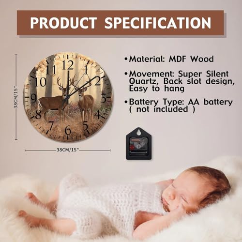 Deer Buck Wall Clock Jungle Deer 15 Inch Large Wall Clocks Battery Operated Silent Modern Boho Retirement Living Room Decor Gift for Man Woman Friend Anniversary