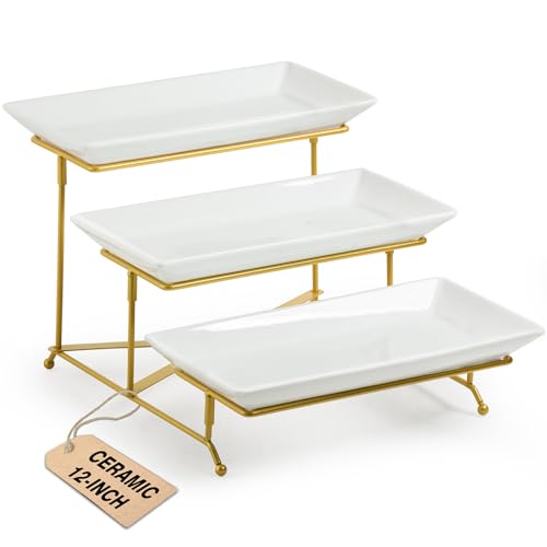 LAUCHUH 3 Tier Serving Tray, Porcelain Serving Platter Tier Serving Stand | Serving Trays and Platters with Collapsible Sturdier Rack Dessert Party Display Set for Baby Shower, Christmas, Gold, 12 Inch - color: Gold, size: 12 Inch