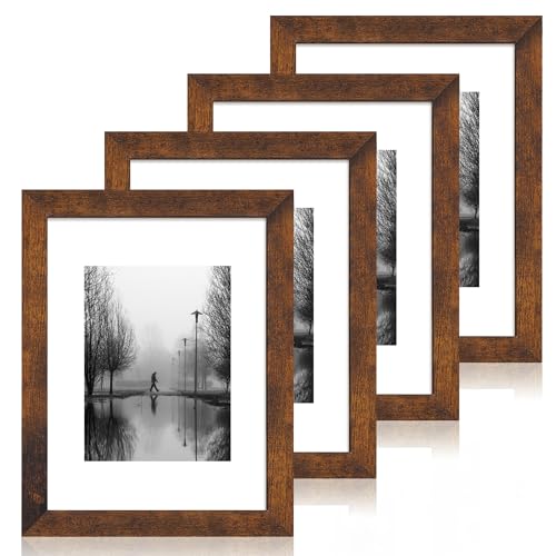 iRahmen 9x12 Picture Frame Set of 4 with Tempered Glass, Wooden Rustic Frame Display 6x8 Pictures with Mat or 9 x 12 Without Mat, Photo Frame for Wall Mount and Tabletop Display - color: Dark Brown, size: 9X12