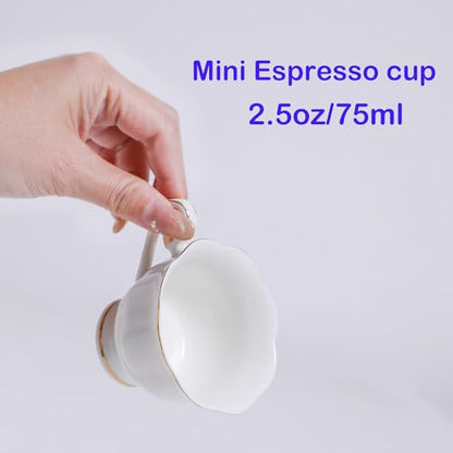 White Porcelain 75ml Demitasse Set of 8 (16-Piece) - 2.5oz Espresso Cups & Saucers, Elegant White & Gold Trim Coffee Set for Turkish Coffee, After Dinner, Gift Giving - size: 2.5oz
