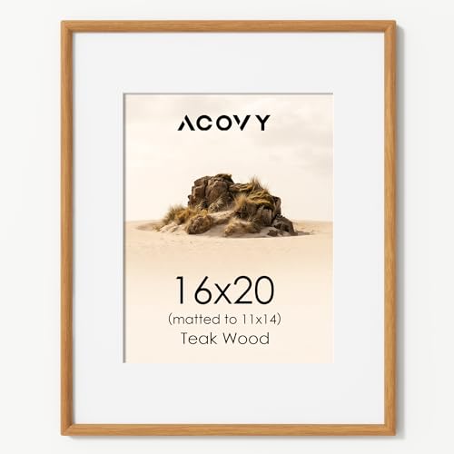 Acovy 16x20 Picture Frame, Natural Solid Teak Wood 16"x20" Photo Frame for Wall, Handcrafted Wooden Poster Frame 16 x 20 Matted to 11x14, High Definition Tempered Glass, Wall Hook Included, Natural Teak - color: Teak, size: 16"x20"