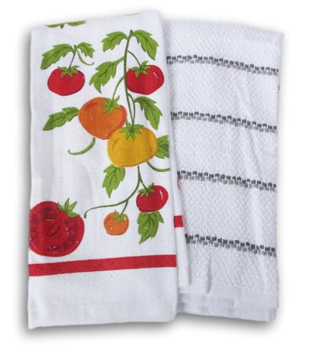 100% Cotton Kitchen Towel Set 2 Pack (Tomatoes and Gray Stripe) - color: Tomatoes and Gray Stripe
