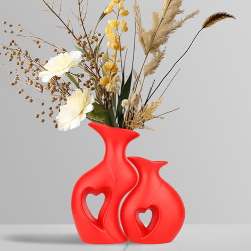Heart Ceramic Vase Set of 2, Red Flower Vases for Lovers, Modern Minimalist Vases for Home Decor or Gift - color: Red
