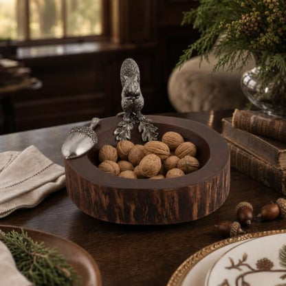 Standing Squirrel Nut Bowl with Pewter Acorn Scoop - Whimsical Mango Wood Dish for Serving Nuts - 8 Inch Diameter