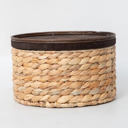 Water Hyacinth Storage Basket with Wood Lid - Handwoven Round Shelf Basket for Organizing, Rustic Woven Basket with Handle (Set of 3) for Living Room,bed room,Closet,Kitchen&Pantry