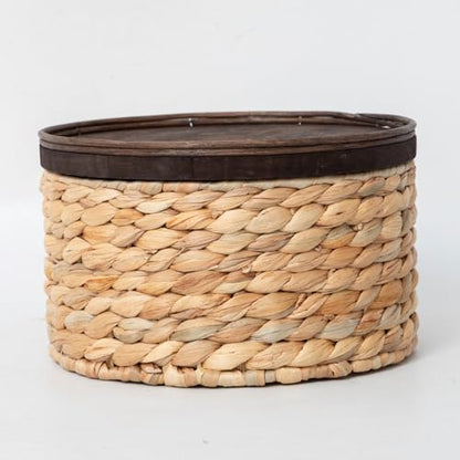 Water Hyacinth Storage Basket with Wood Lid - Handwoven Round Shelf Basket for Organizing, Rustic Woven Basket with Handle (Set of 3) for Living Room,bed room,Closet,Kitchen&Pantry