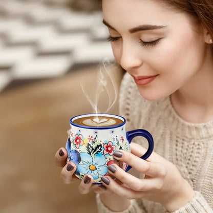 13oz Ceramic Coffee Mug, Hand-Painted Floral Polish Pottery Style Cup, Large Stoneware Tea Mug with Handle, Microwave & Dishwasher Safe (Flower A) - color: Flower A