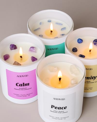 AOOVOO Stress Relief Candles Set for Women - 4 Pack Candle for Home Scented | 28 oz Soy Wax 200h Burn, Aromatherapy Candle with Crystal, Peace/Kyanite Tranquility /Amethyst Calm /Lapis Lazuli Serenity - style: Stress Relief Candles Set
