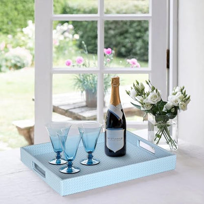 HofferRuffer Rectangle Serving Tray with Hole Handles for Coffee Table, Breakfast, Tea, Food, Butler - Countertop, Kitchen, Vanity Serve Tray, 16.2 x 12.2 x 2 inches, Faux Leather (LightBlue) - color: Lightblue