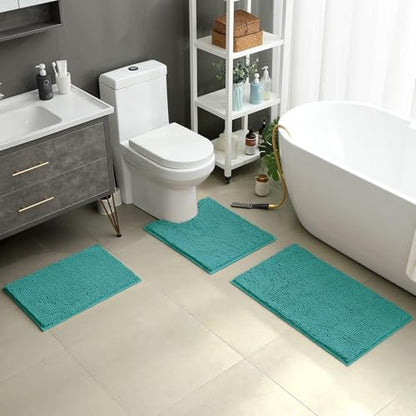 HOMEIDEAS 3 Pieces Bathroom Rugs, Ultra Soft Non Slip Absorbent Chenille Toilet Bath Mat Set (Teal) - color: Green-teal, size: 17"x24"+20"x32"+U Shape 20"x24"