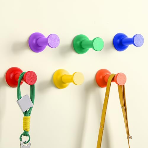 6 Pack Rainbow Wall Hooks Colorful Coat Hanger Cute Wood Adhesive Coat Hook Pushpin Shape Decorative Hooks for Classroom Bedroom Nursery Keys Hats Hanging Rack - color: Rainbow, style: Pushpin