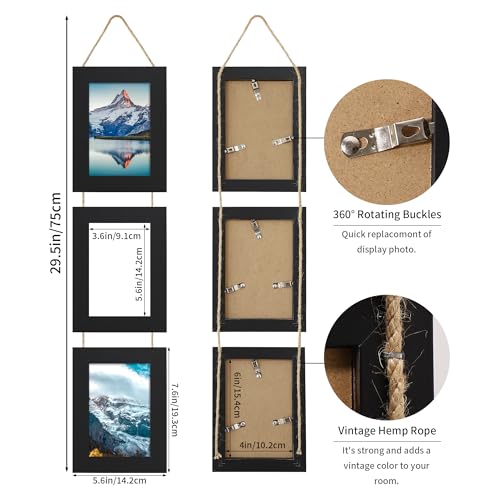 4x6 Collage Picture Frames Set of 2, Rustic Wooden Real Glass Vertical Hanging 3 Opening 4 by 6 Photo Frame, Black - color: Black, size: Vertical-4x6 in