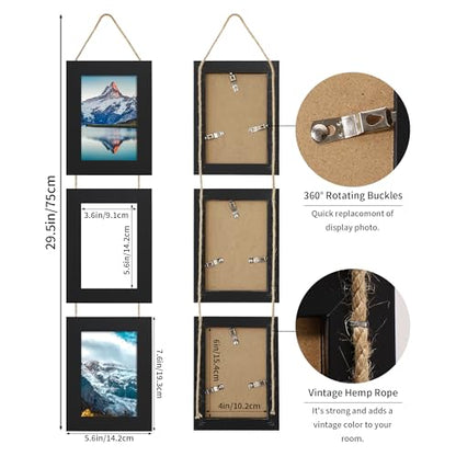 4x6 Collage Picture Frames Set of 2, Rustic Wooden Real Glass Vertical Hanging 3 Opening 4 by 6 Photo Frame, Black - color: Black, size: Vertical-4x6 in