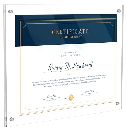 11X14 Acrylic Diploma Frame,Clear Floating Picture Frame for Wall No Drill | Frameless Picture Frame Photo Frame, Acrylic Frame for Diploma Certificate Degree Document & Artworks Display - color: Silver Screw, size: 11X14 Straight edge