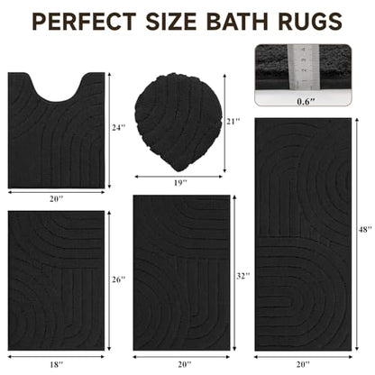 Pauwer Bathroom Rugs Sets 5 Piece, Absorbent Non Slip Bath Mat Set, Black | Machine Washable, Microfiber Plush, Quick Dry Runner, U Shaped Contour Toilet Rugs, Shower Mats and Toilet Lid Cover - color: Black