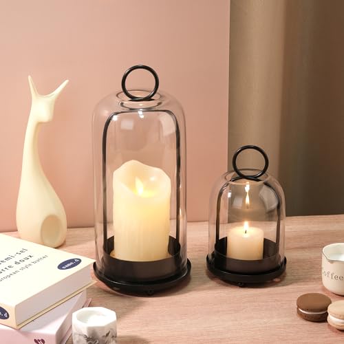 5" & 4" Wide Versatile Metal Candle Holder in Black with Handmade Thick, Heavy & Sturdy Glass Dome for Pillar Candle, Industrial, Modern, Shelf, Mantel, Veranda, Porch (Black, Large & Small) - color: Black
