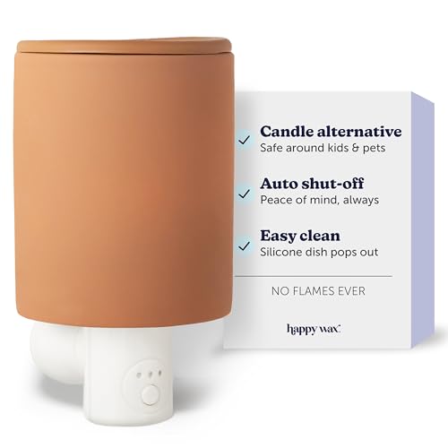 Happy Wax Clay Outlet Timer Warmer for Scented Wax - Compact Ceramic Wall Plug in Wax Melt Warmer with Timer - Wax Melter for Home Fragrance with Removable Silicone Dish - color: Clay