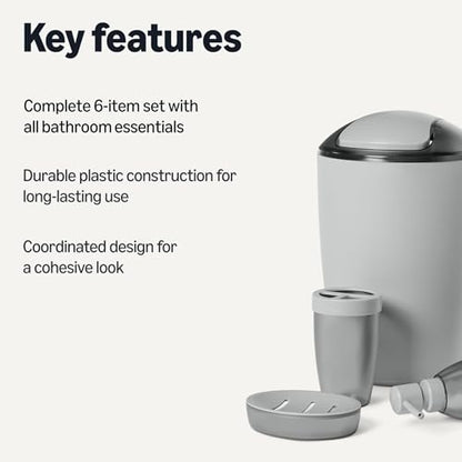 Amazon Basics Bathroom Set, 6-Piece with Toothbrush Holder, Soap Dispenser, Soap Dish, Toothbrush Cup, Trash Can, Toilet Brush and Holder, Grey - color: Grey