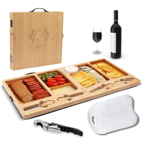 Large Bamboo Cheese Board Set, White Bag | Charcuterie Accessories, Wooden Platter, Foldable Charcuterie Board, House Warming Gifts, New Home & Wedding Gifts - color: Luxe Set (White)