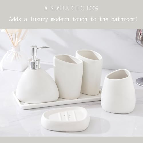 Ceramic Bathroom Accessory Set with Ceramic Tray, 6 Pieces Bathroom Countertop Accessory Set, Include Soap Dispenser, Toothbrush Holder, 2 Tumbler, Soap Dish, Vanity Tray,White - color: A-white * 6 Pieces