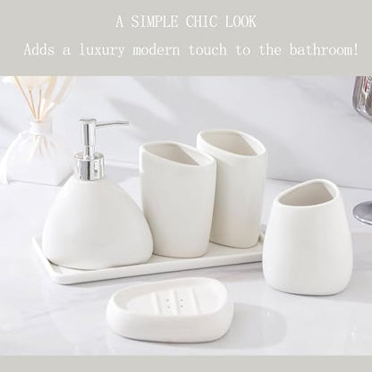 Ceramic Bathroom Accessory Set with Ceramic Tray, 6 Pieces Bathroom Countertop Accessory Set, Include Soap Dispenser, Toothbrush Holder, 2 Tumbler, Soap Dish, Vanity Tray,White - color: A-white * 6 Pieces