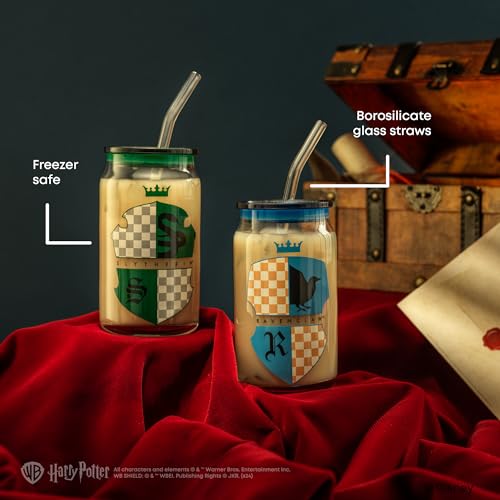 JoyJolt Harry Potter House Crests Glass Tumblers with Lids and Straws, 16oz Glass Cups with Lids and Straws, Can Shaped Drinking Glasses Set of 4, Hogwarts Cup, Harry Potter Merchandise - style: Harry Potter