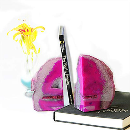 JIC Gem Pink Agate Geode Bookends Anti-Slip Rubber Bumpers 1 Pair 2-3 Lbs | Small Polished Dyed Pink Brazilian Agate Geode Bookends small Anti-Slip Crytal Holders for Bookshelf Desktop Home Office - color: Pink Dyed, size: 2-3LBS.
