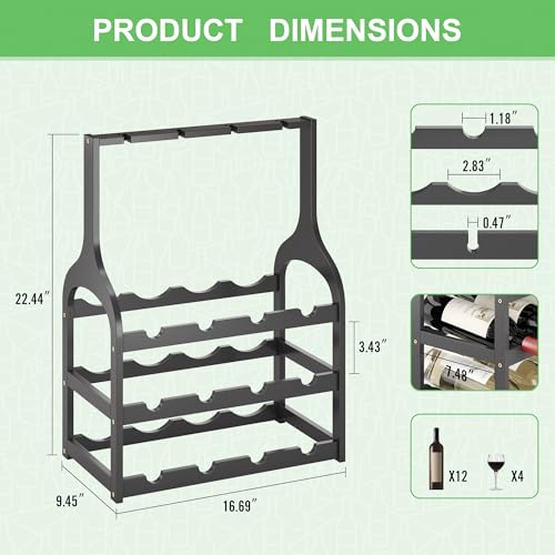 Bamboo Wine Rack Countertop, Small Free Standing Racks Tabletop Display | 12 Wine Bottles and 4 Glass Holder | Wooden Wine Storage Organizer Shelves for Kitchen Bar, Cellar, & Dining Room | Black - color: Black With Glass Holder