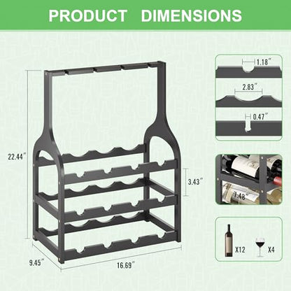 Bamboo Wine Rack Countertop, Small Free Standing Racks Tabletop Display | 12 Wine Bottles and 4 Glass Holder | Wooden Wine Storage Organizer Shelves for Kitchen Bar, Cellar, & Dining Room | Black - color: Black 3-tier With Glass Holder