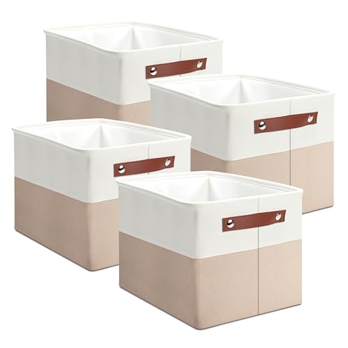 Storage Baskets with Handles, 4 Pack Foldable Storage Bins for Shelves, Linen Fabric Basket for Home Decorative,Organizing Cloth - color: White / Yellow
