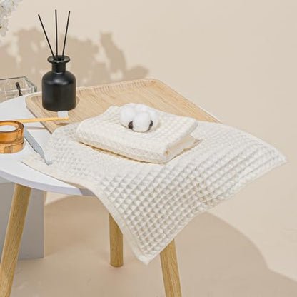 Vie Triomphe Waffle Weave Hand Towel and Washcloth Set of 2 Hollow Yarn Cotton 13.4x29.5 Hand Towel 13.4x13.8 Face Cloth, Lightweight Quick Dry Off-White Bathroom Towels for Daily Use, Gym Travel RV