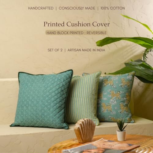 JBH Hand Block Print Reversible Throw Pillow Covers 18x18 Inch Set of 2 – Handmade Cotton Throw Pillow Cases (Blue, Green, 18x18 Inch) - color: Blue, Green