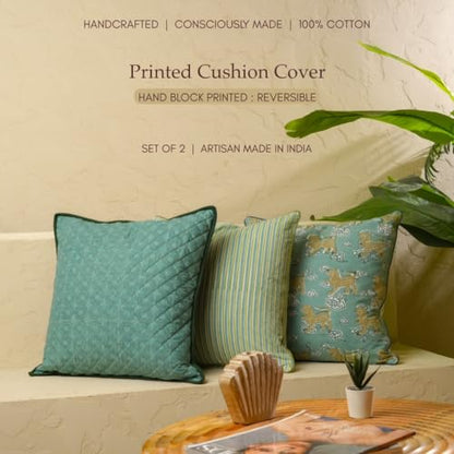 JBH Hand Block Print Reversible Throw Pillow Covers 18x18 Inch Set of 2 – Handmade Cotton Throw Pillow Cases (Blue, Green, 18x18 Inch) - color: Blue, Green