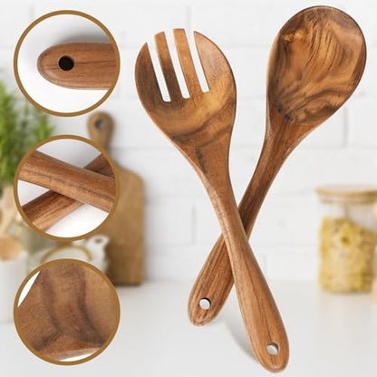 MYRAINBOW Salad Tongs, Wooden Spoons, Salad Tongs for Serving, 10-inch Serving Utensils Set Salad Servers Set Kitchen Cooking Utensil (Natural Wood)
