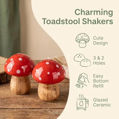 Mushroom Salt and Pepper Shakers Set Ceramic Red Toadstool Dispenser | 2-piece ceramic mushroom salt and pepper shakers with 3 and 2 top holes and silicone bottom stoppers for kitchen table decor.