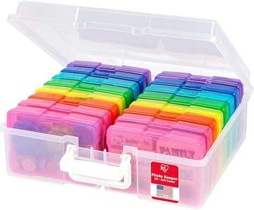 IRIS USA Photo Storage Box |Made in USA| 16 Cases - Clear/Multi | Fits 4" x 6" Pictures / Built-In Handle / Organizing Containers for Tasks, Stickers, Ephemera & Flashcards - color: Clear/Multi-Color, size: 16 Cases (4x6), style: Handle Box