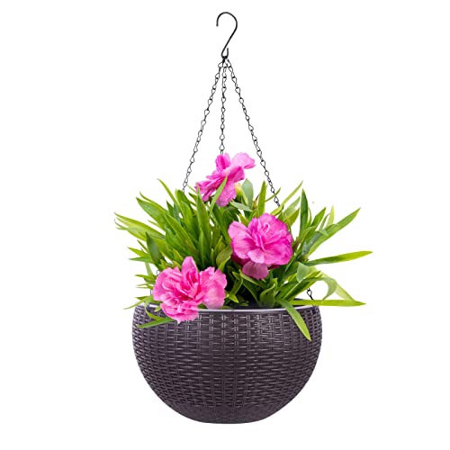 Vencer 11 Inch Round Resin Rattan Hanging Planters,Coffee,VF-A15-C | Self Watering,Drain Hole,Metal Chain,Water Indicator,Indoor Outdoor - color: Coffee