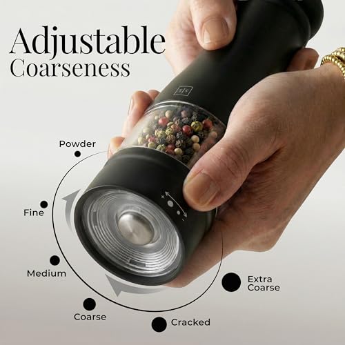 Styled Settings Electric Salt and Pepper Grinder Set, Black & white | Automatic Stainless Steel Battery Operated Salt and Pepper Mill, LED Light, Adjustable Coarseness, Wood Base - color: Black/White