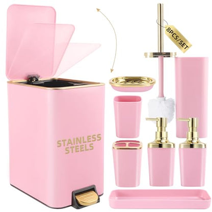 XLHOMO Pink Bathroom Accessories Set 8 Piece Pink and Gold Bathroom Set, Bathroom Sets with Stainless Steel Trash Can,Toilet Brush,Toothbrush Set,Soap Dispenser - size: Pink, style: Bath Set