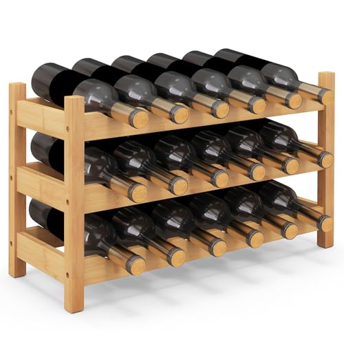 COSTWAY 3-Tier Bamboo Wine Rack, 18-Bottle Tabletop Wine Holder | Wave Slot, Freestanding Countertop Wine Bottle Organizer for Kitchen, Pantry, Pub & Wine Cellar, Natural (24.5L x 9.5W x 15H) - color: Natural, size: 24” x 9.5” x 15” (L x W x H)
