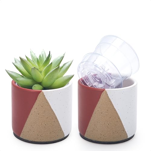 D'vine Dev 2-Pack Cachepot with Clear Pot, 3.5 in, Crimson Dune, 93-V-A-4 | Dual-Pot System, Root Visibility, Bottom Watering Support, Enhanced Drainage, Artistic Stoneware Design, Easy Plant Care - color: Crimson Dune, size: 3.5” Cachepot + 3“ Clear Grow